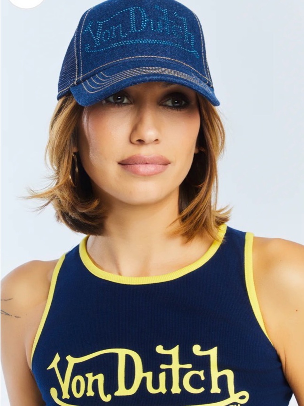 Von Dutch Navy Denim Cap with Teal Crystal Logo